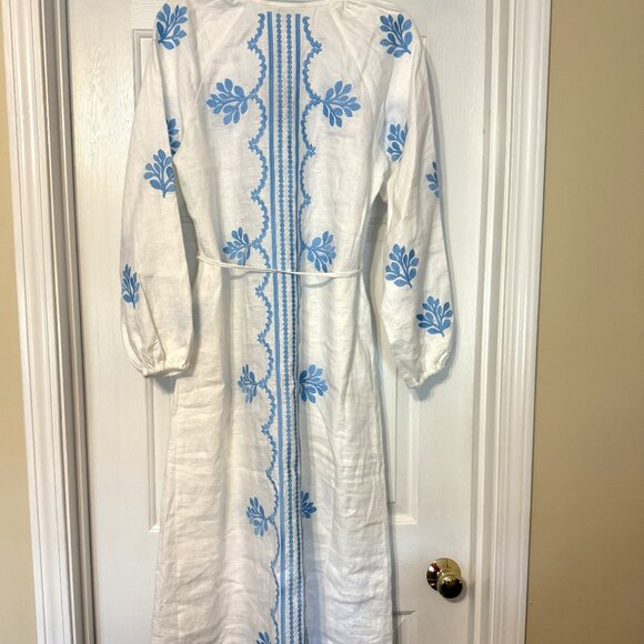 BODEN White Linen Belted Midi Dress with Blue Embroidery US size 8P (UK 12P) - Picture 4 of 16